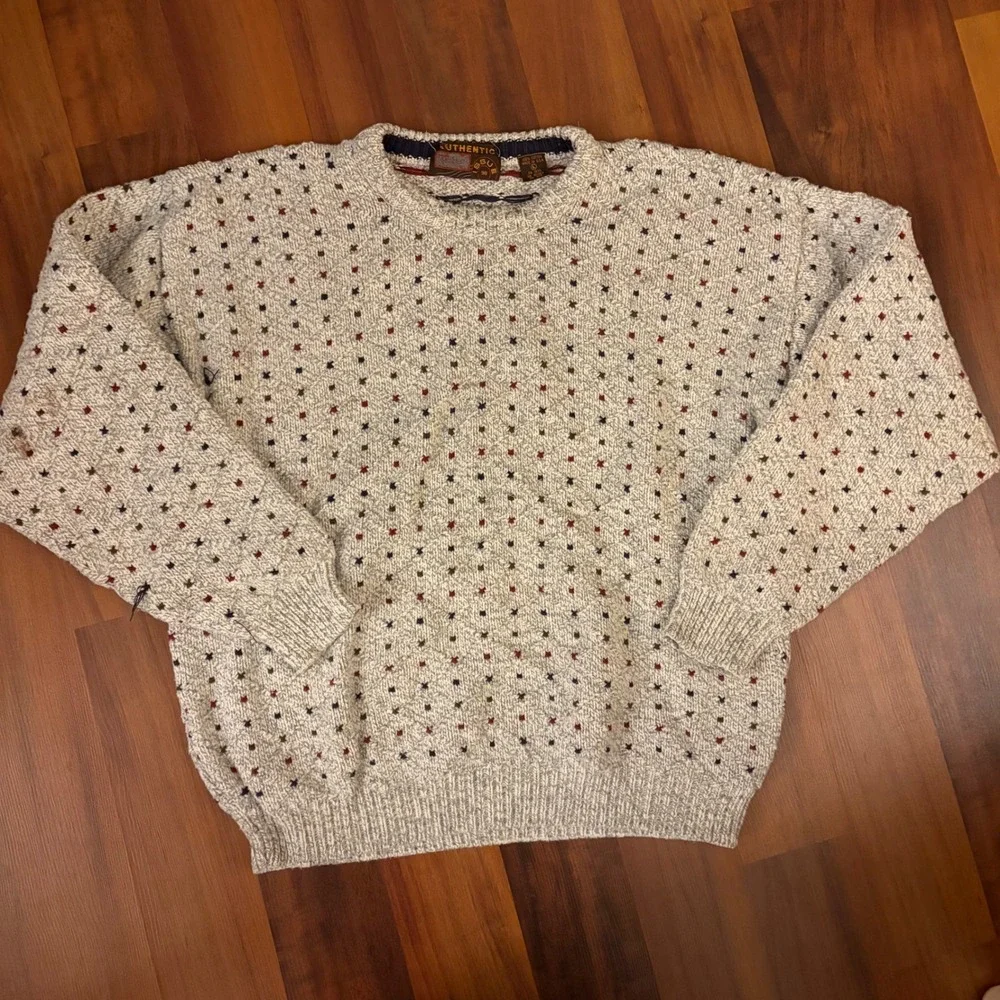 Authentic Mens‎ Crew Neck Sweater Speckled Pattern Red Blue Green Accents Size L